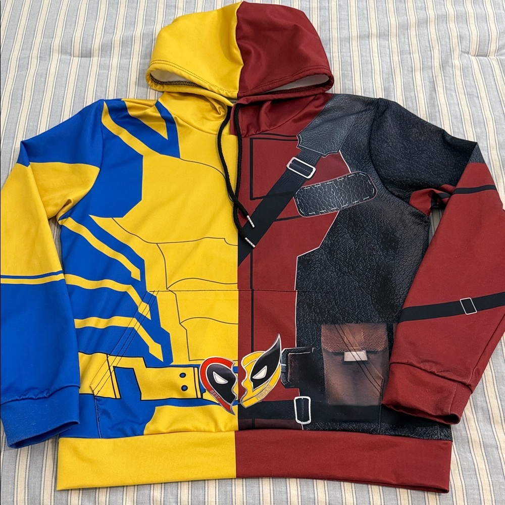 Wolverine and Deadpool Colorful Split Design Hoodie. Men’s Size S. ptp 22” L 25”